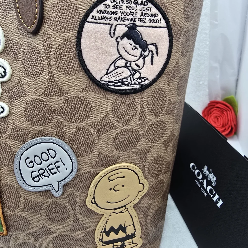 Coach x Peanuts City Tote with Snoopy, Lucy, Charlie Brown Patches Tan & Khaki - Picture 7 of 15